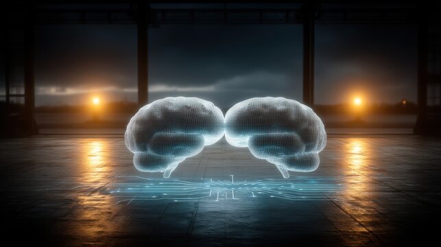 Futuristic Concept of Brain Technology with Double Exposure Effects in a Minimalist British Science Setting
