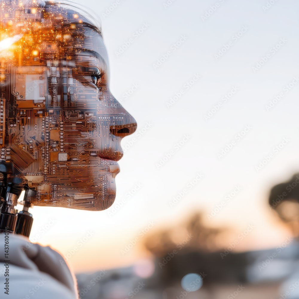 Poster futuristic profile of a female robot with circuitry pattern celebrating british science week and tec