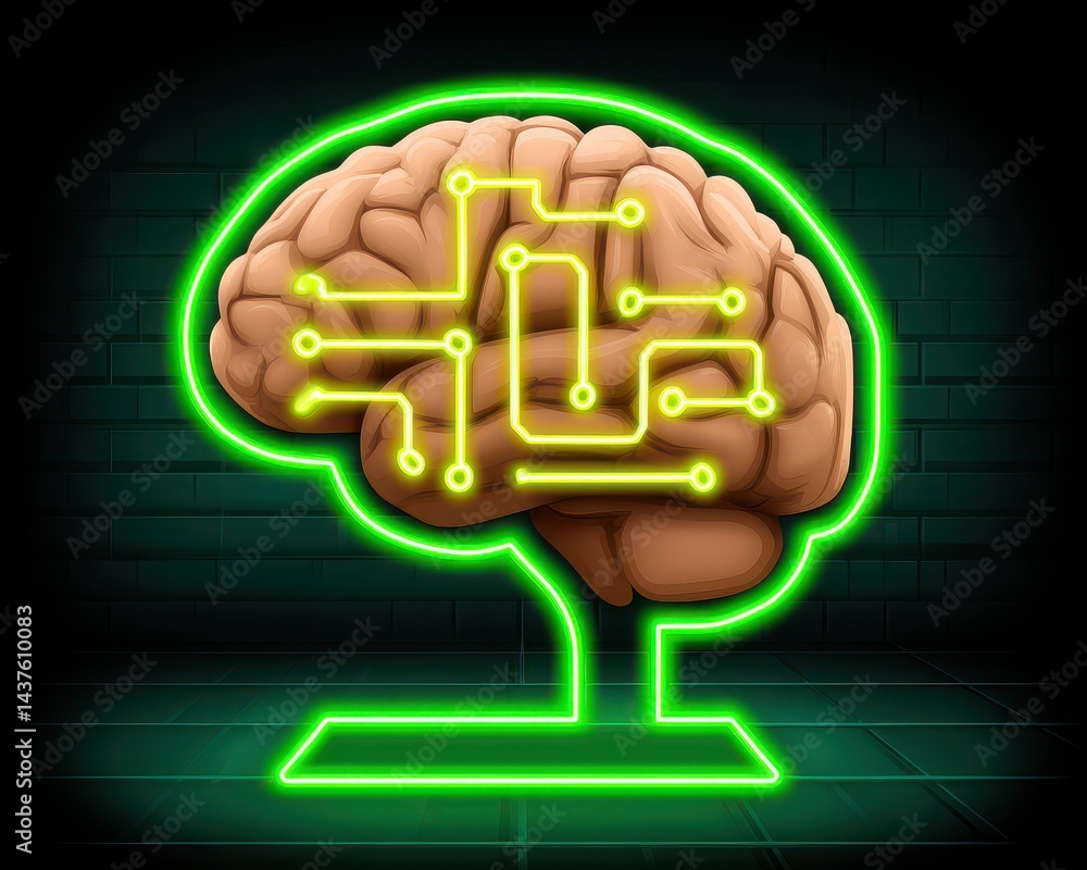 Poster neon brain concept illustration representing science and technology in a minimal design for educatio