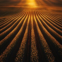 Golden field of sunflowers at sunset  Rows extend to a bright sun