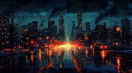 Obraz premium Rainy Night Cityscape, Traffic, Reflections, Winter, Urban