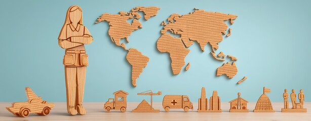 Minimalist Wooden Figures Representing Science and Geography with World Map Background