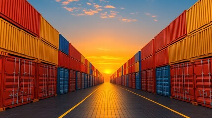 Fototapeta premium Sunset over Container Terminal: Global Trade and Logistics