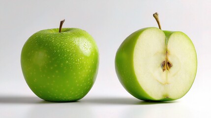 Whole Green Apple and Cross Section Side by Side Display