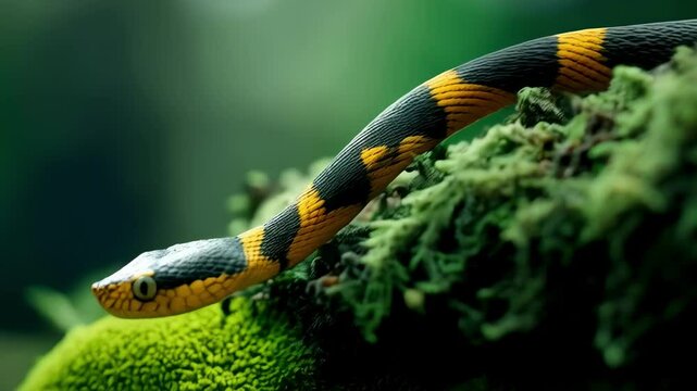 A yellow and black snake crawls on the moss.