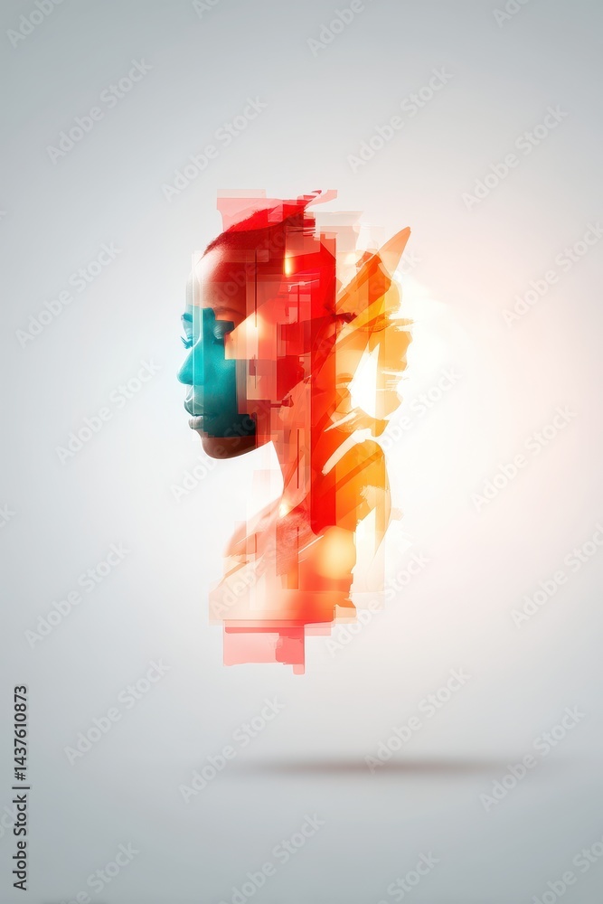Poster abstract portrait in double exposure style combining minimal elements with vibrant colors and geomet
