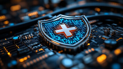 Digital shield graphic on circuit board.