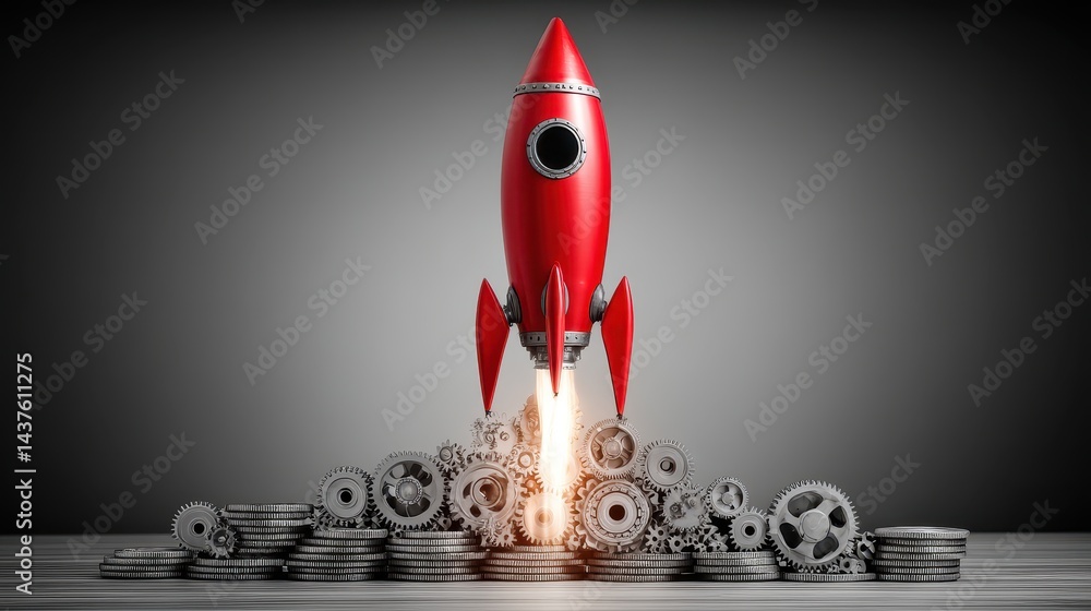 Poster red rocket launching with gears and mechanics in a stylish flat design for science and innovation th