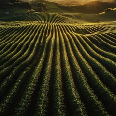 Sunrise over cultivated fields  Rows of crops stretch across a rolling landscape