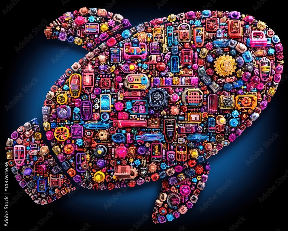 Poster colorful abstract fish design made of various objects in pop art style