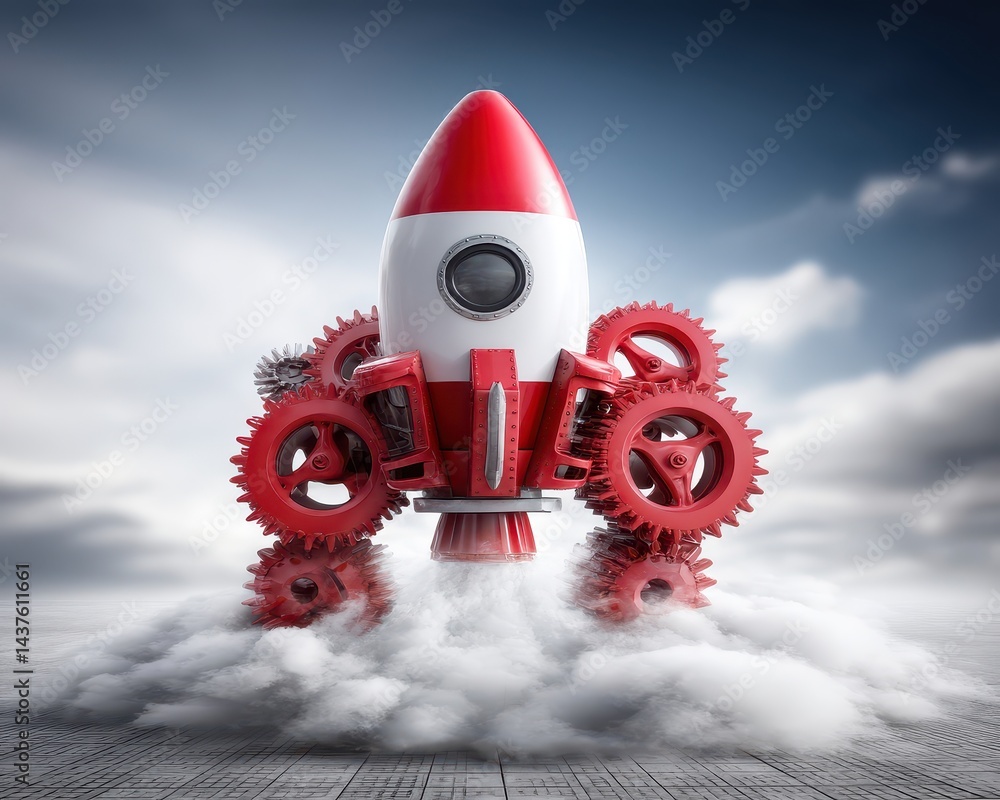 Poster innovative rocket launch concept in flat style on a dramatic cloudy background with gears and dynami