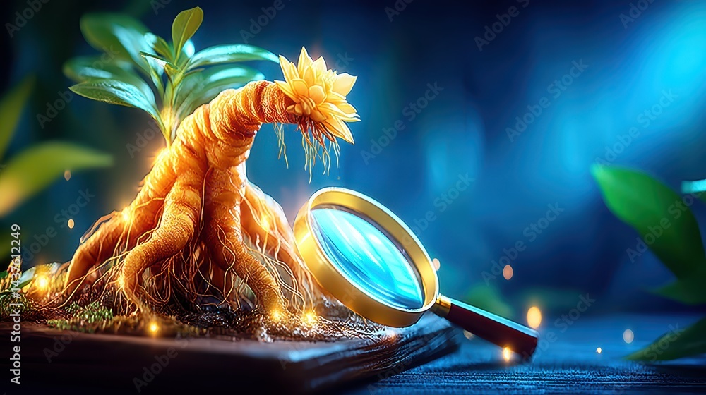 Poster surreal botanical art featuring a mystical tree and magnifying glass in a dreamlike setting