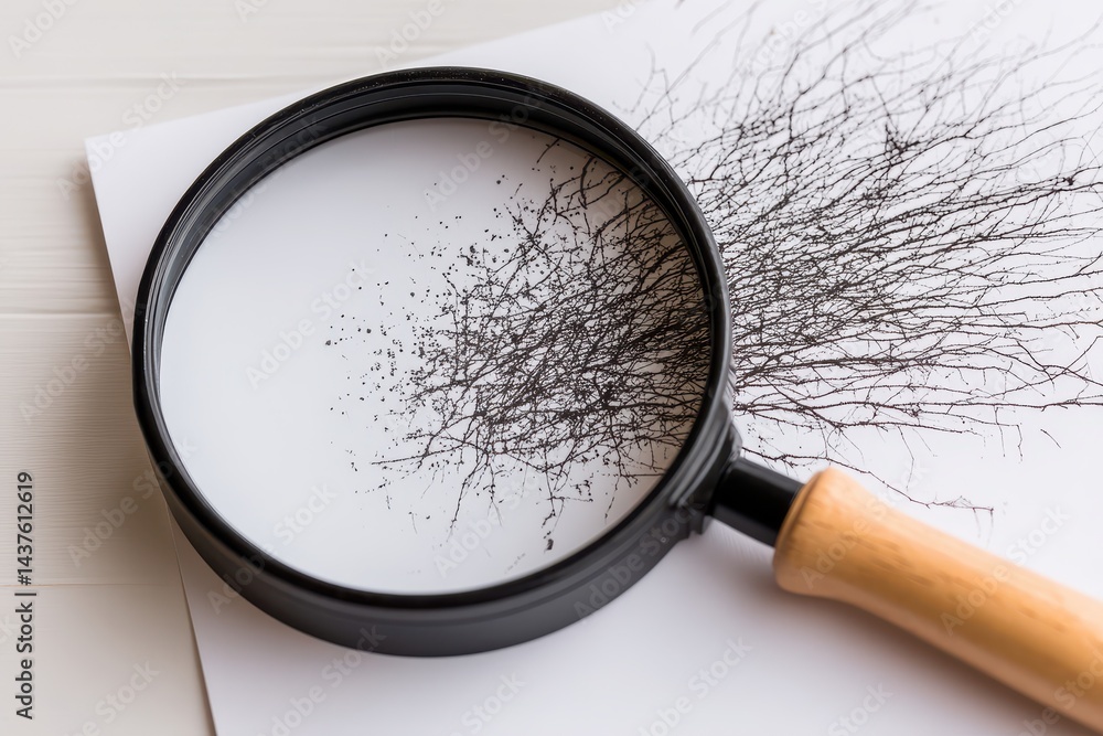 Poster intricate science art creation featuring magnifying glass on paper with abstract black lines and tex