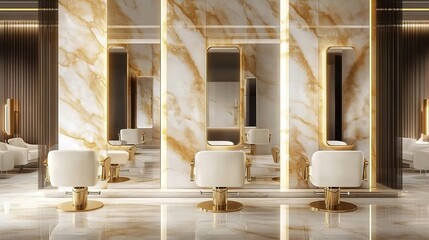 A luxurious hair salon with marble walls, white and gold chairs in front of mirrors, and seating areas in the background.