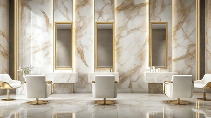 A luxurious hair salon with marble walls, white and gold chairs in front of mirrors, and seating areas in the background.