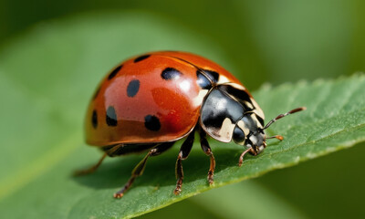 Fototapeta premium A ladybug sits on the edge of a leaf, enjoying the sunshine