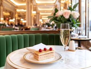 Elegant dessert and champagne experience at upscale restaurant luxurious atmosphere fine dining
