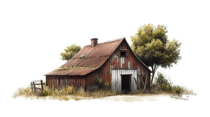 Obraz premium rustic farmhouse with weathered red exterior, surrounded by tall grass and trees, evokes sense