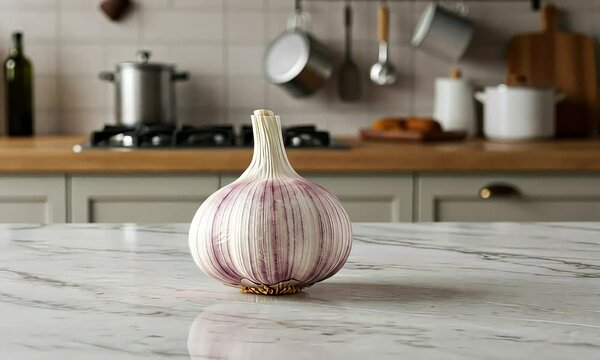 A single bulb of garlic sits on a marble countertop in a kitchen setting.