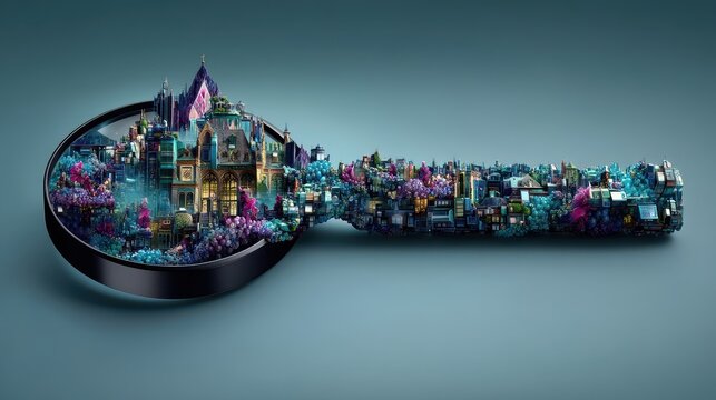Explore the Intricate Details of a Magnifying Glass Featuring a Surreal Miniature Landscape Full of Colorful Elements