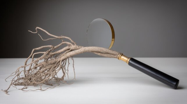 Magnifying Glass with Roots Symbolizing Nature and Inquiry in Modern British Science Art