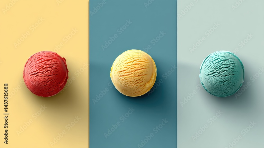 Poster symmetrical arrangement of three colorful ice cream scoops on a minimal background showcasing clean 