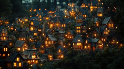 Obraz premium Miniature illuminated village at night, nestled in hills