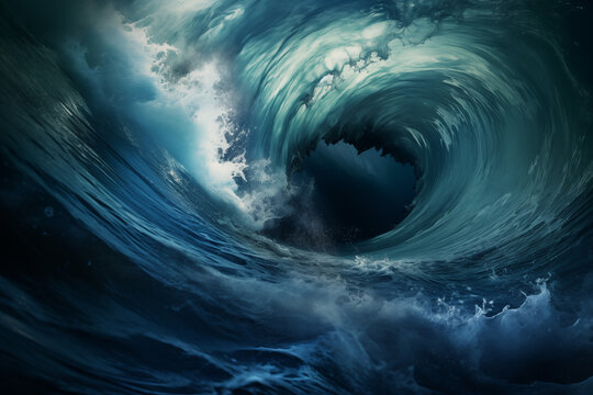 A deep, intense whirlpool with a dramatic gradient of dark blues and blacks,