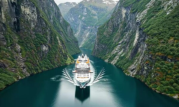 Cruise ship navigates a serene fjord amidst towering mountains in Norway.