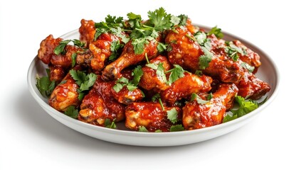 Crispy, saucy chicken wings piled high on a plate, garnished with fresh cilantro