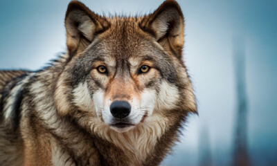 A close-up shot of a wolf's face, looking directly at the camera