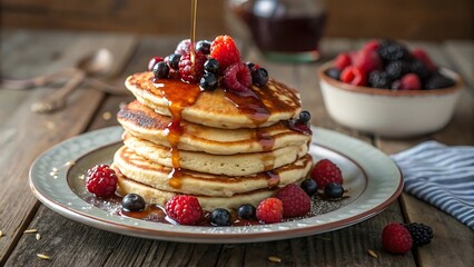 Homemade Fluffy Pancakes with Fresh Berry Garnish