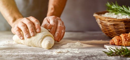 Hands kneading dough on a rustic table with flour, showcasing a baking process in a cozy kitchen setting in the morning light