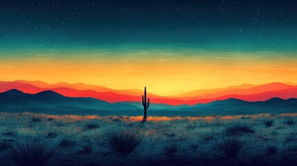 Desert Sunrise with Saguaro Cactus, Mountain Range, Starry Night Sky