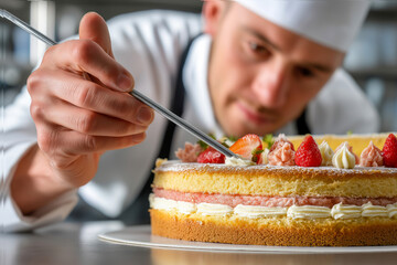 Pastry chef meticulously decorating a layered cake with fresh fruit and cream in a modern kitchen setting