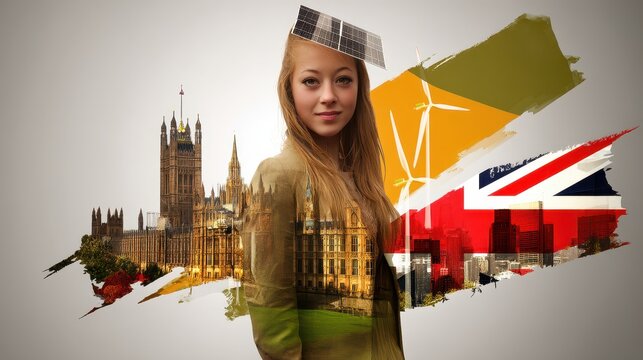 British Science Week Double Exposure Doodle Featuring Renewable Energy and Iconic Landmarks