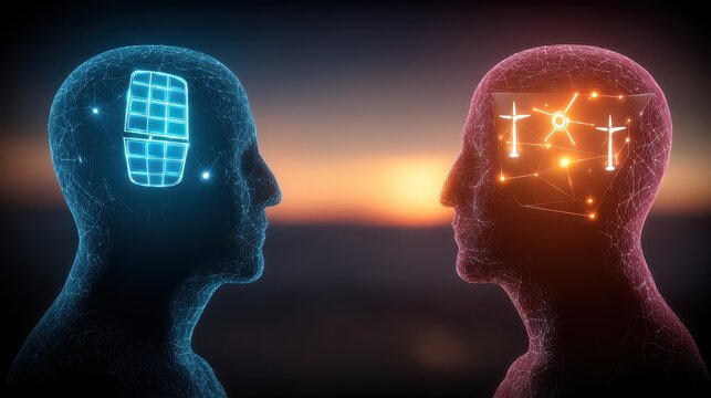 Double Exposure of Human Heads with Technology and Nature Illustrating the Synergy between Science and Nature