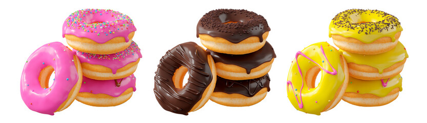 Assorted donuts with colorful icing, sprinkles, and chocolate isolated on white transparent...