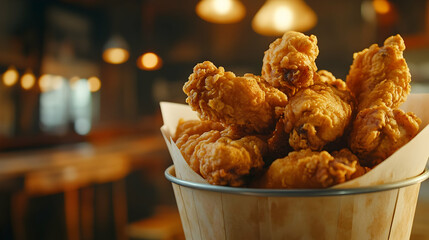 Crispy fried chicken pieces in a rustic paper bucket, crunchy golden coating details, soft warm lighting, cozy vintage kitchen background slightly blurred 
