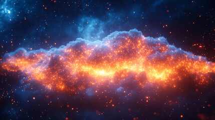 Fototapeta premium Fiery nebula cloud in deep space, glowing with orange and blue cosmic dust, stars, and particles.