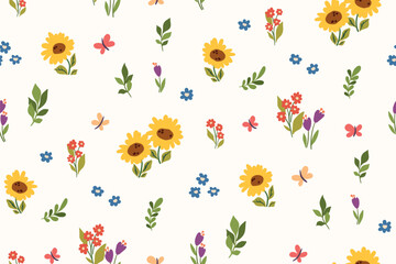 Seamless floral pattern, cute ditsy print with summer plants. Pretty botanical design, colorful simple flower tile of small hand drawn flowers, leaves in free composition. Vector illustration.