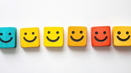 Colorful wooden blocks with smiley faces arranged in a line on a white background