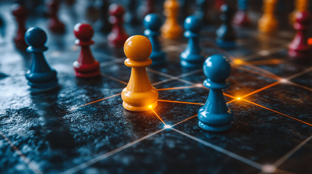 Strategic game pieces on a dark board, highlighting connections.