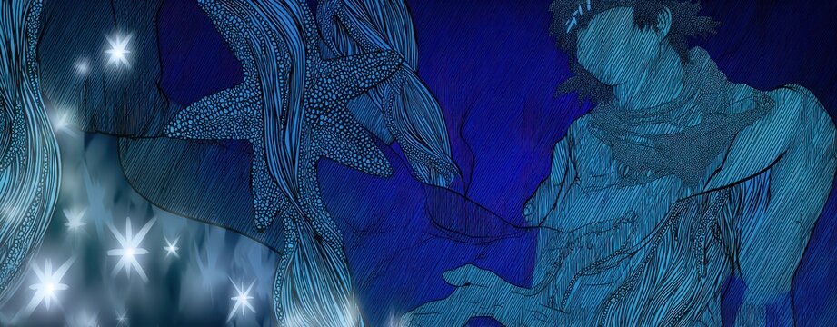 Intricate British Science Doodle Illustrating Double Exposure Concept with Abstract Figures and Blue Tones