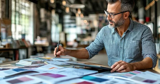 Man reviews samples tablet office