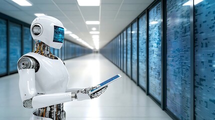 Robot monitoring data in high-tech corridor digital environment futuristic concept