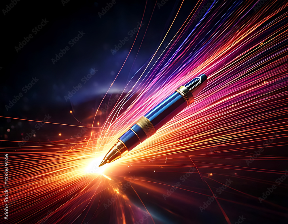 Poster dynamic pen creating sparks in a dark studio conceptual art vibrant energy abstract view
