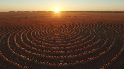 Aerial view of a circular pattern formed by harvested sunflowers in a field at sunset.