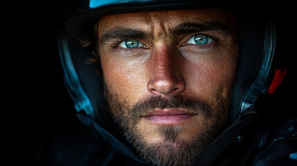 Close-up portrait of a man wearing a motorcycle helmet, intense gaze, and serious expression.