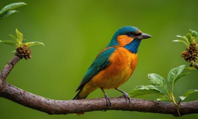 Fototapeta premium A vibrant bird sits on a branch, surrounded by lush green leaves